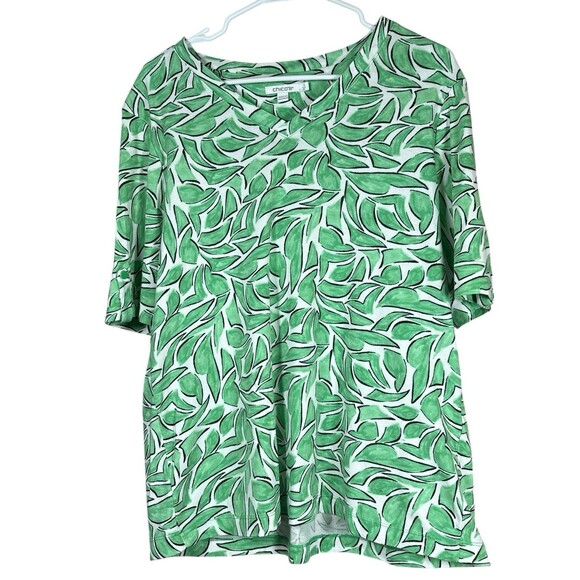 Chico’s‎ Size 3 XL Green White Leaf Print V-Neck Pima Cotton Elbow Sleeve Top - Picture 2 of 12